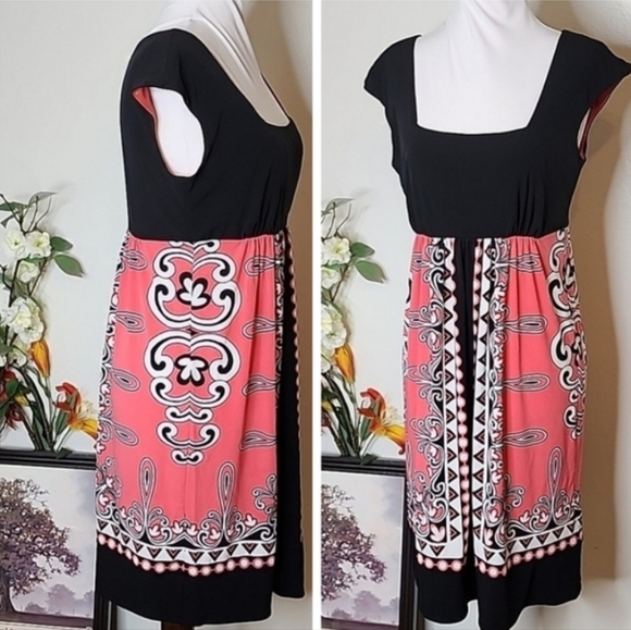 London Times Coral Scroll Abstract Pattern Dress Black Sheath Summer Bohemian - Picture 11 of 12